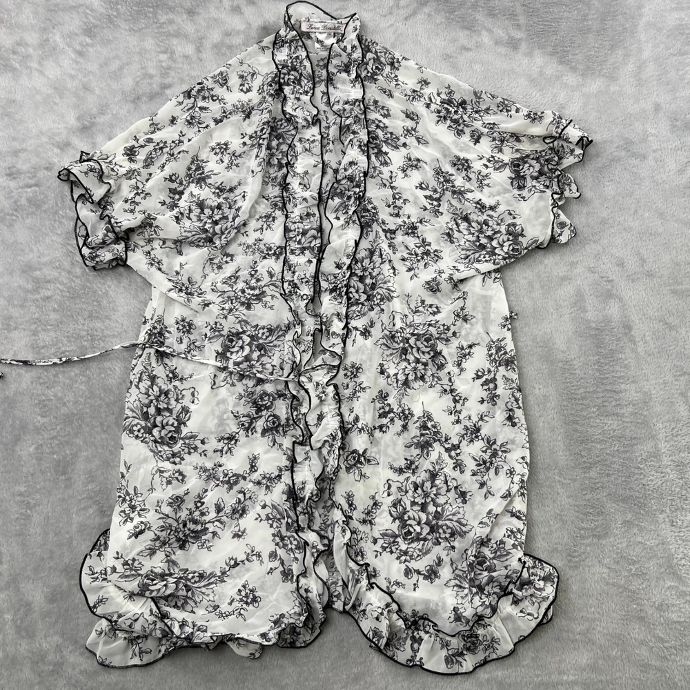 Linea Donatella Robe L XL Sheer Chiffon Floral Ruffle Lace Boudoir White Black